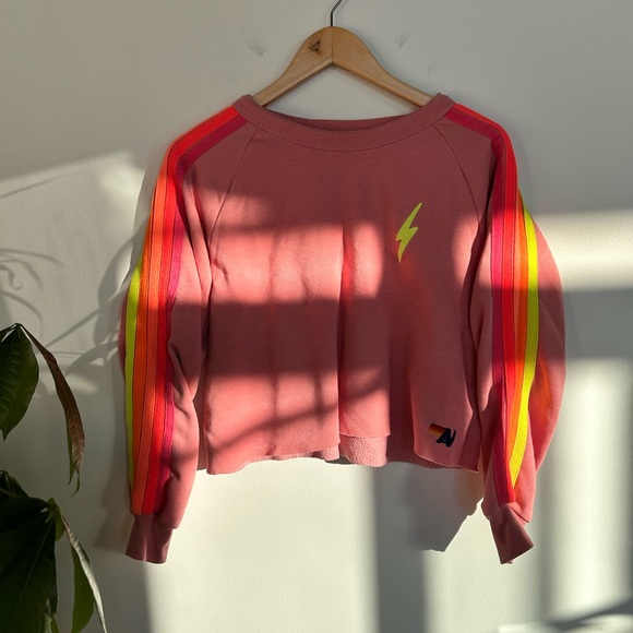 Aviator Nation Bolt Cropped Sweatshirt in Rose & Neon Pink Size M - Picture 6 of 10